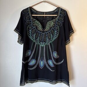 Anthropologie Mushka by Sienna Rose Size PL Sheer Top Black Boho Fairy Peacock